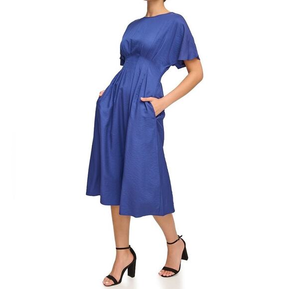 Kensie Short Sleeve Smocked Waist A-Line Midi Dress Navy Women’s Sz 14 NWT - Picture 3 of 9